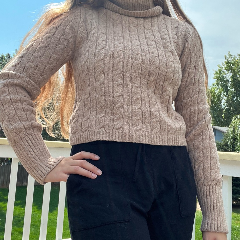 Cable Knit Turtleneck Sweater - Tan